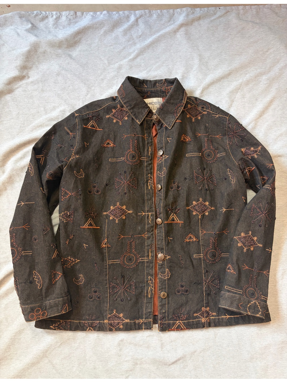 Chico’s Brown Embroidered Beaded Jacket Size 3 XL Aztec Western Southwestern